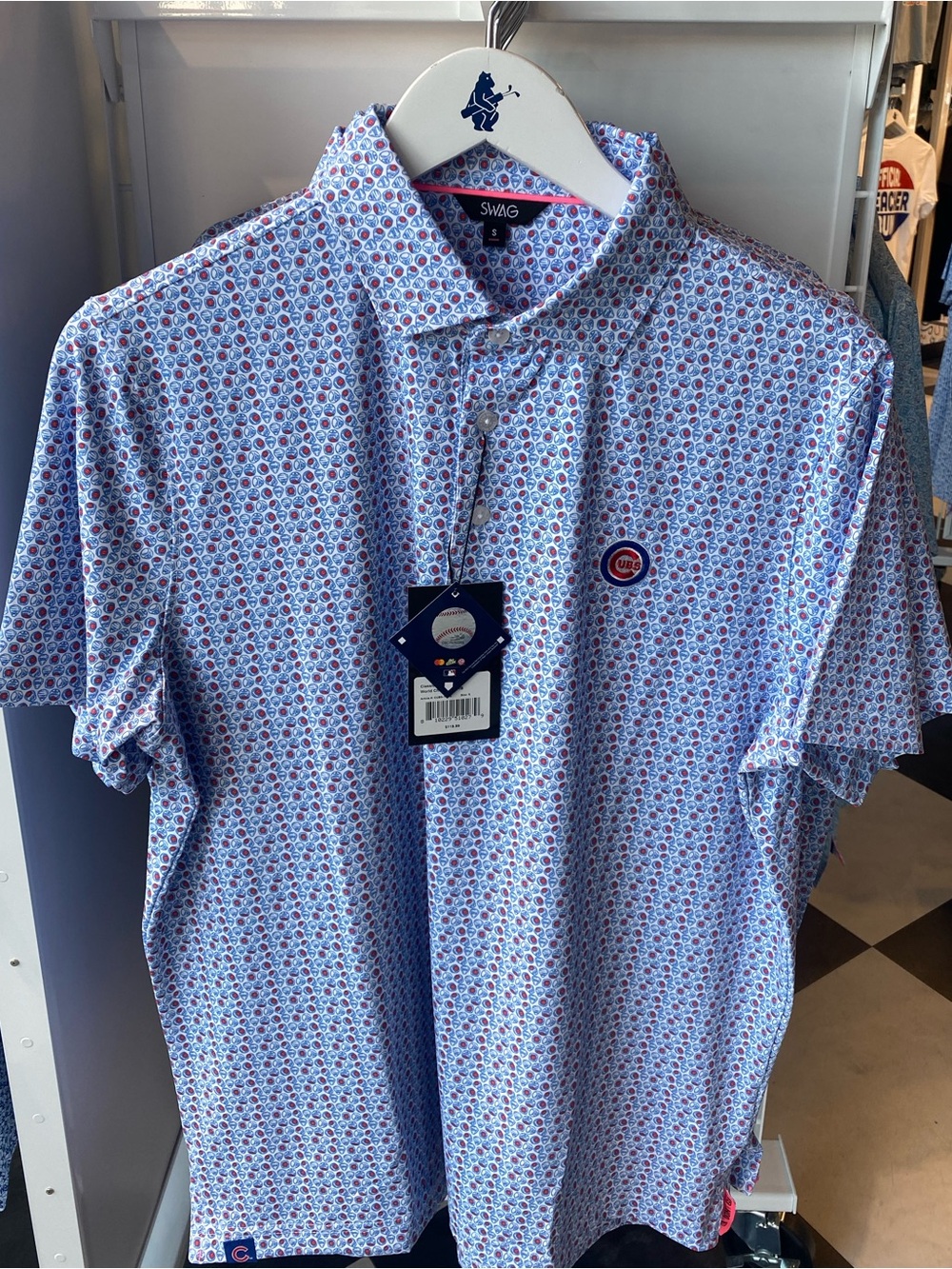 LIMITED EDITION Mens Light Blue Patterned Golf Polo Shirt - Chicago Cubs Logo